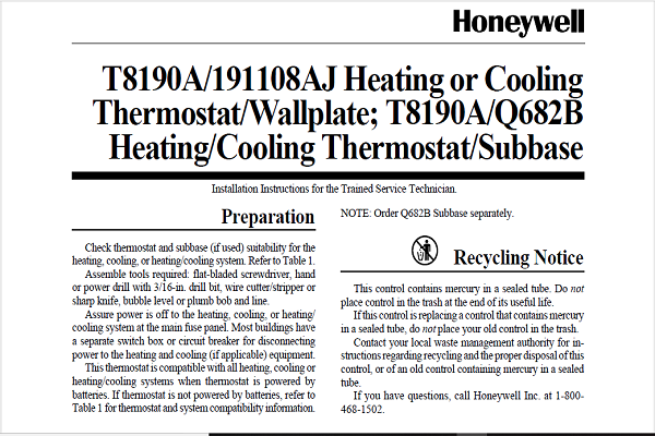 Download Honeywell 191108AJ Thermostat User Manual PDF