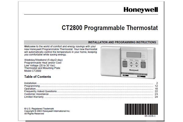 Honeywell CT2800 Thermostat Manual