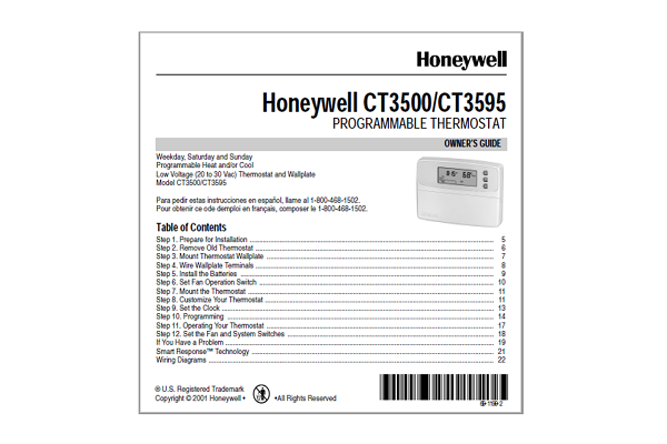 Honeywell CT3500/CT3595 THERMOSTAT Manual