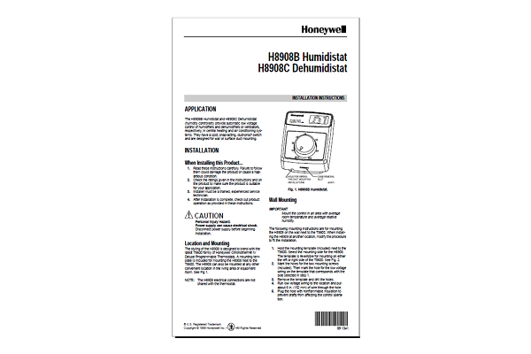 Honeywell H8908B Humidistat H8908C Dehumidistat Manual
