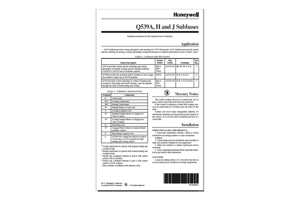 Honeywell Q539A, H and J Subbases Installation Manual