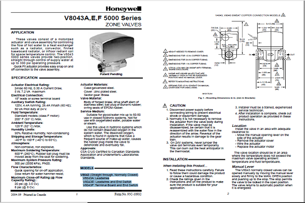 Honeywell V8043A,E,F 5000 Series ZONE VALVES Manual
