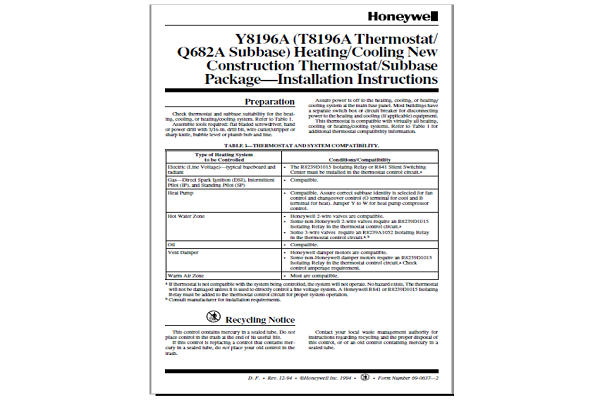 Honeywell Y8196A Installation Manual