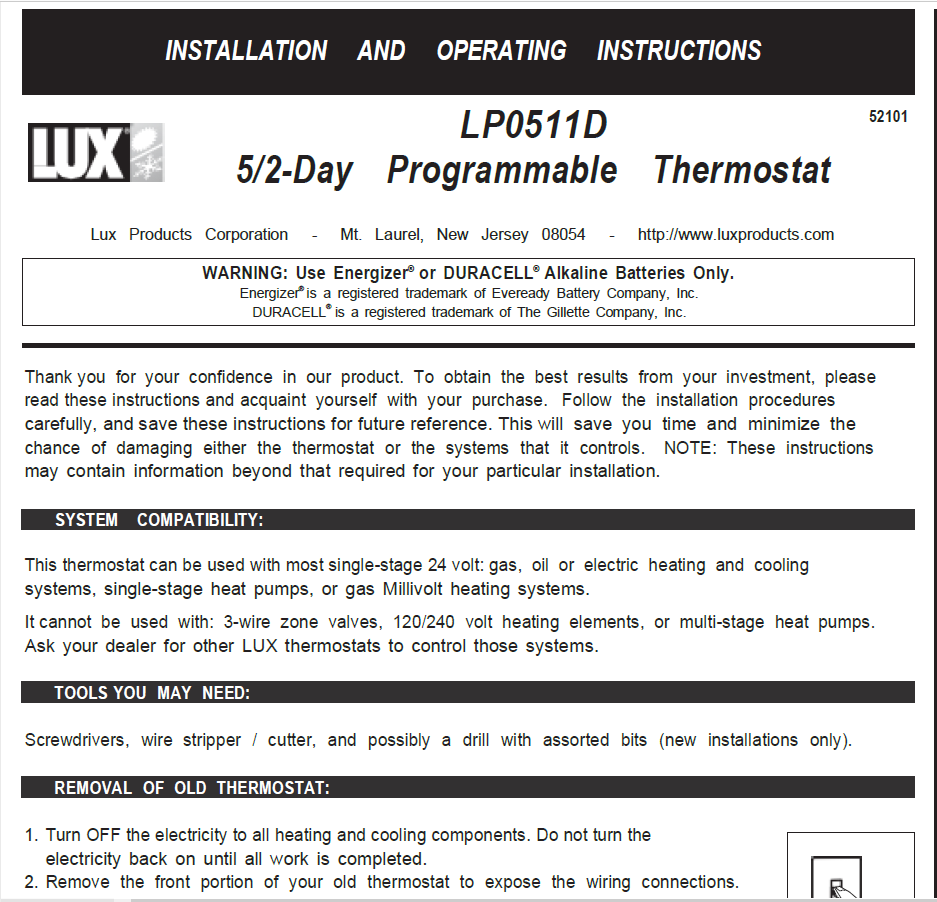 LUX LP0511D Instalation and Operation Instructions
