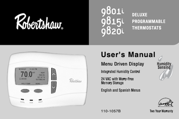 Robertshaw 9801i, 9815i, 9820i Delux Programmable Thermostat User Manual